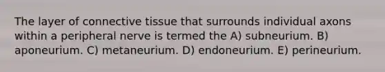 The layer of <a href='https://www.questionai.com/knowledge/kYDr0DHyc8-connective-tissue' class='anchor-knowledge'>connective tissue</a> that surrounds individual axons within a peripheral nerve is termed the A) subneurium. B) aponeurium. C) metaneurium. D) endoneurium. E) perineurium.