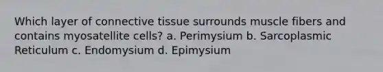 Which layer of connective tissue surrounds muscle fibers and contains myosatellite cells? a. Perimysium b. Sarcoplasmic Reticulum c. Endomysium d. Epimysium