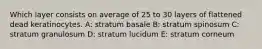 Which layer consists on average of 25 to 30 layers of flattened dead keratinocytes. A: stratum basale B: stratum spinosum C: stratum granulosum D: stratum lucidum E: stratum corneum