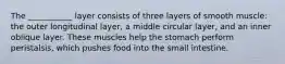 The ___________ layer consists of three layers of smooth muscle: the outer longitudinal layer, a middle circular layer, and an inner oblique layer. These muscles help the stomach perform peristalsis, which pushes food into the small intestine.