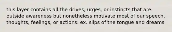 this layer contains all the drives, urges, or instincts that are outside awareness but nonetheless motivate most of our speech, thoughts, feelings, or actions. ex. slips of the tongue and dreams