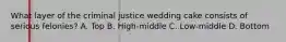 What layer of the criminal justice wedding cake consists of serious felonies? A. Top B. High-middle C. Low-middle D. Bottom