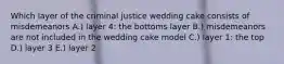 Which layer of the criminal justice wedding cake consists of misdemeanors A.) layer 4: the bottoms layer B.) misdemeanors are not included in the wedding cake model C.) layer 1: the top D.) layer 3 E.) layer 2