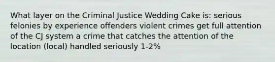 What layer on the Criminal Justice Wedding Cake is: serious felonies by experience offenders violent crimes get full attention of the CJ system a crime that catches the attention of the location (local) handled seriously 1-2%