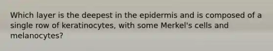 Which layer is the deepest in <a href='https://www.questionai.com/knowledge/kBFgQMpq6s-the-epidermis' class='anchor-knowledge'>the epidermis</a> and is composed of a single row of keratinocytes, with some Merkel's cells and melanocytes?