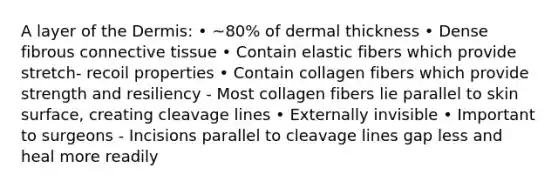 A layer of the Dermis: • ~80% of dermal thickness • Dense fibrous connective tissue • Contain elastic fibers which provide stretch- recoil properties • Contain collagen fibers which provide strength and resiliency - Most collagen fibers lie parallel to skin surface, creating cleavage lines • Externally invisible • Important to surgeons - Incisions parallel to cleavage lines gap less and heal more readily