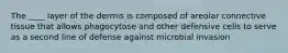 The ____ layer of the dermis is composed of areolar connective tissue that allows phagocytose and other defensive cells to serve as a second line of defense against microbial invasion