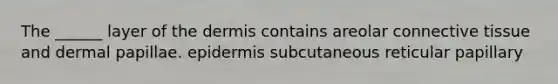 The ______ layer of the dermis contains areolar connective tissue and dermal papillae. epidermis subcutaneous reticular papillary