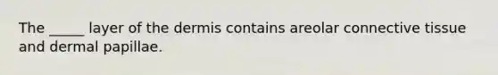 The _____ layer of <a href='https://www.questionai.com/knowledge/kEsXbG6AwS-the-dermis' class='anchor-knowledge'>the dermis</a> contains areolar <a href='https://www.questionai.com/knowledge/kYDr0DHyc8-connective-tissue' class='anchor-knowledge'>connective tissue</a> and dermal papillae.