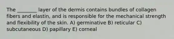 The ________ layer of the dermis contains bundles of collagen fibers and elastin, and is responsible for the mechanical strength and flexibility of the skin. A) germinative B) reticular C) subcutaneous D) papillary E) corneal