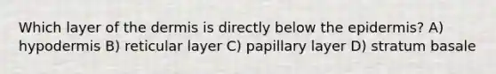 Which layer of the dermis is directly below the epidermis? A) hypodermis B) reticular layer C) papillary layer D) stratum basale