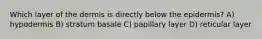 Which layer of the dermis is directly below the epidermis? A) hypodermis B) stratum basale C) papillary layer D) reticular layer