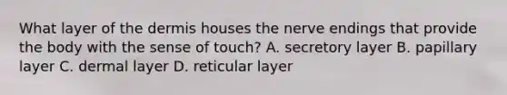 What layer of the dermis houses the nerve endings that provide the body with the sense of touch? A. secretory layer B. papillary layer C. dermal layer D. reticular layer