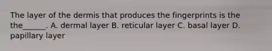 The layer of <a href='https://www.questionai.com/knowledge/kEsXbG6AwS-the-dermis' class='anchor-knowledge'>the dermis</a> that produces the fingerprints is the the______. A. dermal layer B. reticular layer C. basal layer D. papillary layer