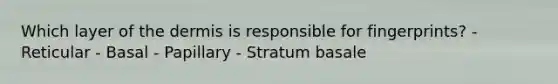 Which layer of <a href='https://www.questionai.com/knowledge/kEsXbG6AwS-the-dermis' class='anchor-knowledge'>the dermis</a> is responsible for fingerprints? - Reticular - Basal - Papillary - Stratum basale