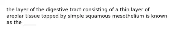 the layer of the digestive tract consisting of a thin layer of areolar tissue topped by simple squamous mesothelium is known as the _____