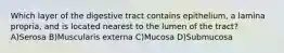 Which layer of the digestive tract contains epithelium, a lamina propria, and is located nearest to the lumen of the tract? A)Serosa B)Muscularis externa C)Mucosa D)Submucosa