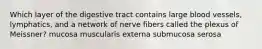 Which layer of the digestive tract contains large blood vessels, lymphatics, and a network of nerve fibers called the plexus of Meissner? mucosa muscularis externa submucosa serosa