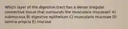 Which layer of the digestive tract has a dense irregular connective tissue that surrounds the muscularis mucosae? A) submucosa B) digestive epithelium C) muscularis mucosae D) lamina propria E) mucosa