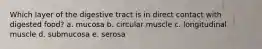 Which layer of the digestive tract is in direct contact with digested food? a. mucosa b. circular muscle c. longitudinal muscle d. submucosa e. serosa