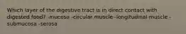 Which layer of the digestive tract is in direct contact with digested food?​ -​mucosa -​circular muscle -​longitudinal muscle -​submucosa -​serosa