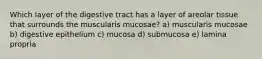 Which layer of the digestive tract has a layer of areolar tissue that surrounds the muscularis mucosae? a) muscularis mucosae b) digestive epithelium c) mucosa d) submucosa e) lamina propria