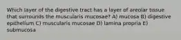 Which layer of the digestive tract has a layer of areolar tissue that surrounds the muscularis mucosae? A) mucosa B) digestive epithelium C) muscularis mucosae D) lamina propria E) submucosa