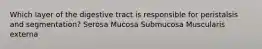 Which layer of the digestive tract is responsible for peristalsis and segmentation? Serosa Mucosa Submucosa Muscularis externa