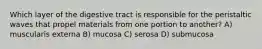 Which layer of the digestive tract is responsible for the peristaltic waves that propel materials from one portion to another? A) muscularis externa B) mucosa C) serosa D) submucosa