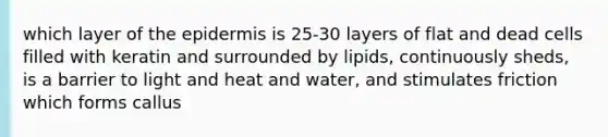 which layer of the epidermis is 25-30 layers of flat and dead cells filled with keratin and surrounded by lipids, continuously sheds, is a barrier to light and heat and water, and stimulates friction which forms callus