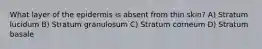 What layer of the epidermis is absent from thin skin? A) Stratum lucidum B) Stratum granulosum C) Stratum corneum D) Stratum basale