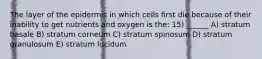 The layer of the epidermis in which cells first die because of their inability to get nutrients and oxygen is the: 15) ______ A) stratum basale B) stratum corneum C) stratum spinosum D) stratum granulosum E) stratum lucidum