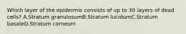 Which layer of the epidermis consists of up to 30 layers of dead cells? A.Stratum granulosumB.Stratum lucidumC.Stratum basaleD.Stratum corneum