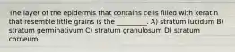 The layer of the epidermis that contains cells filled with keratin that resemble little grains is the _________. A) stratum lucidum B) stratum germinativum C) stratum granulosum D) stratum corneum