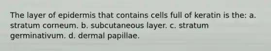 The layer of epidermis that contains cells full of keratin is the: a. stratum corneum. b. subcutaneous layer. c. stratum germinativum. d. dermal papillae.