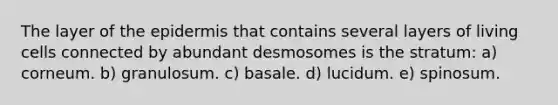 The layer of <a href='https://www.questionai.com/knowledge/kBFgQMpq6s-the-epidermis' class='anchor-knowledge'>the epidermis</a> that contains several layers of living cells connected by abundant desmosomes is the stratum: a) corneum. b) granulosum. c) basale. d) lucidum. e) spinosum.