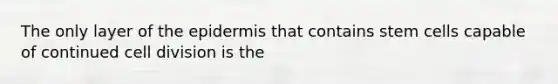 The only layer of <a href='https://www.questionai.com/knowledge/kBFgQMpq6s-the-epidermis' class='anchor-knowledge'>the epidermis</a> that contains stem cells capable of continued <a href='https://www.questionai.com/knowledge/kjHVAH8Me4-cell-division' class='anchor-knowledge'>cell division</a> is the