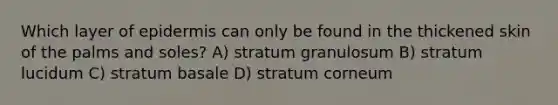 Which layer of epidermis can only be found in the thickened skin of the palms and soles? A) stratum granulosum B) stratum lucidum C) stratum basale D) stratum corneum