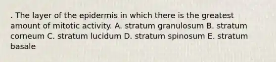 . The layer of <a href='https://www.questionai.com/knowledge/kBFgQMpq6s-the-epidermis' class='anchor-knowledge'>the epidermis</a> in which there is the greatest amount of mitotic activity. A. stratum granulosum B. stratum corneum C. stratum lucidum D. stratum spinosum E. stratum basale