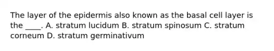 The layer of the epidermis also known as the basal cell layer is the ____. A. stratum lucidum B. stratum spinosum C. stratum corneum D. stratum germinativum