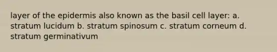 layer of the epidermis also known as the basil cell layer: a. stratum lucidum b. stratum spinosum c. stratum corneum d. stratum germinativum