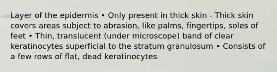 Layer of the epidermis • Only present in thick skin - Thick skin covers areas subject to abrasion, like palms, fingertips, soles of feet • Thin, translucent (under microscope) band of clear keratinocytes superficial to the stratum granulosum • Consists of a few rows of flat, dead keratinocytes