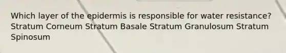 Which layer of the epidermis is responsible for water resistance? Stratum Corneum Stratum Basale Stratum Granulosum Stratum Spinosum