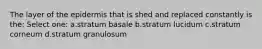 The layer of the epidermis that is shed and replaced constantly is the: Select one: a.stratum basale b.stratum lucidum c.stratum corneum d.stratum granulosum