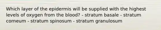 Which layer of <a href='https://www.questionai.com/knowledge/kBFgQMpq6s-the-epidermis' class='anchor-knowledge'>the epidermis</a> will be supplied with the highest levels of oxygen from <a href='https://www.questionai.com/knowledge/k7oXMfj7lk-the-blood' class='anchor-knowledge'>the blood</a>? - stratum basale - stratum corneum - stratum spinosum - stratum granulosum