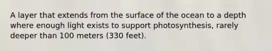 A layer that extends from the surface of the ocean to a depth where enough light exists to support photosynthesis, rarely deeper than 100 meters (330 feet).