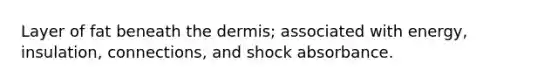 Layer of fat beneath <a href='https://www.questionai.com/knowledge/kEsXbG6AwS-the-dermis' class='anchor-knowledge'>the dermis</a>; associated with energy, insulation, connections, and shock absorbance.