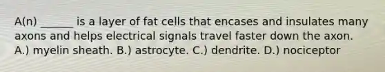 A(n) ______ is a layer of fat cells that encases and insulates many axons and helps electrical signals travel faster down the axon. A.) myelin sheath. B.) astrocyte. C.) dendrite. D.) nociceptor