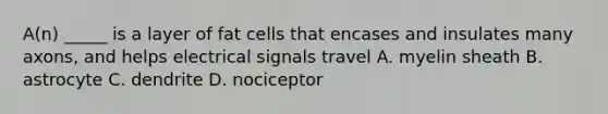 A(n) _____ is a layer of fat cells that encases and insulates many axons, and helps electrical signals travel A. myelin sheath B. astrocyte C. dendrite D. nociceptor