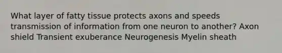 What layer of fatty tissue protects axons and speeds transmission of information from one neuron to another? Axon shield Transient exuberance Neurogenesis Myelin sheath